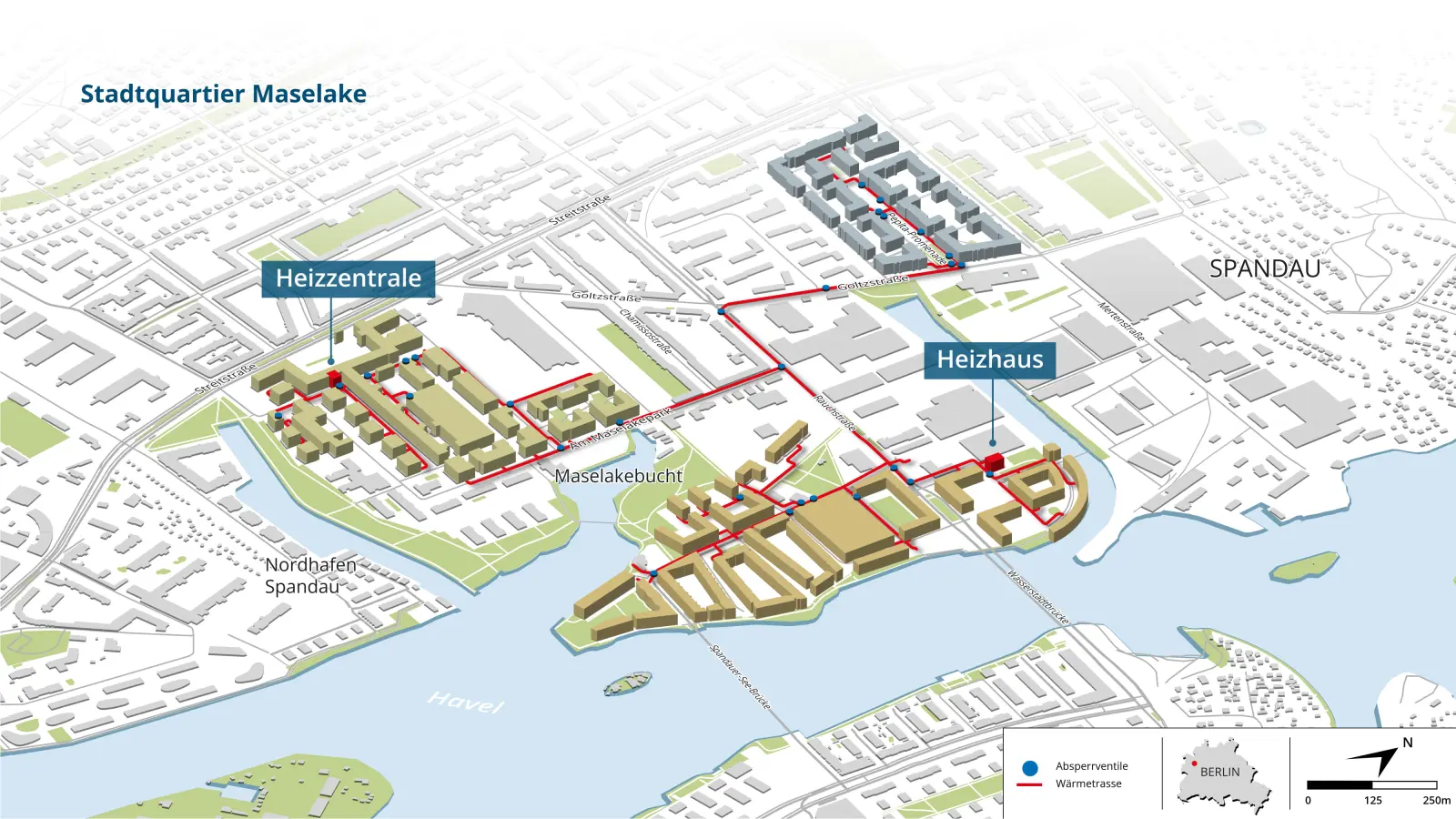 Stilisierter Plan des Stadtquartiers Maselake an der Maselakebucht der Havel in Berlin-Spandau. Heizhaus und Heizzentrale sind rot markiert.