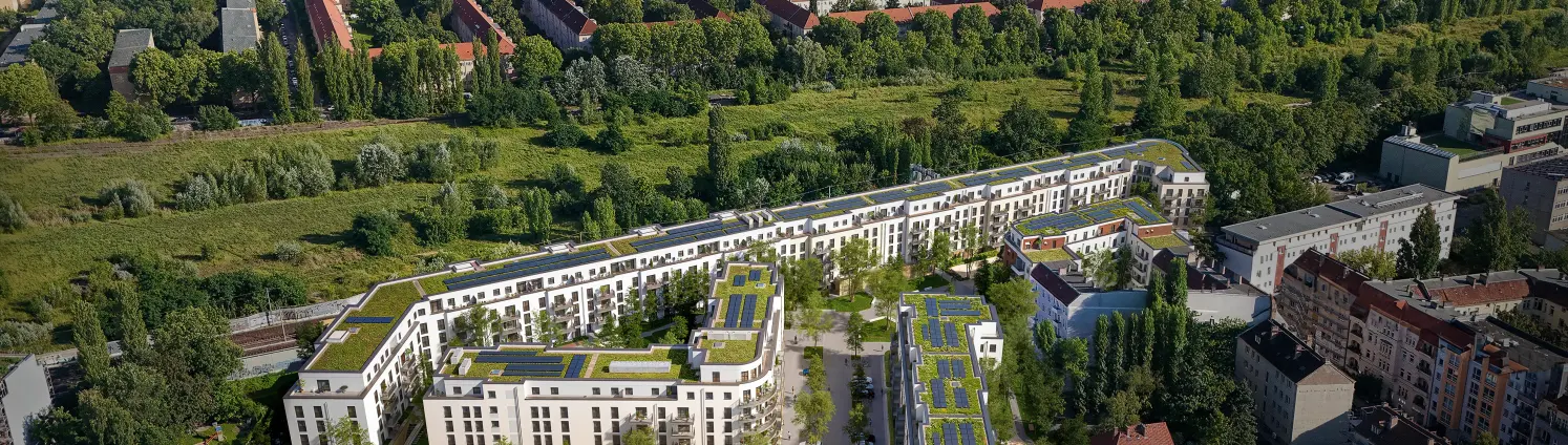 Berlin mit dem Neubauquartier Paule Panke aus der Vogelperspektive.