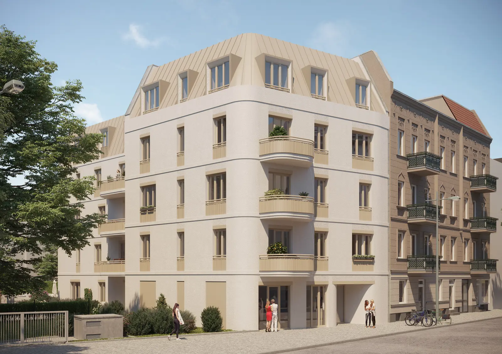 Architektur-Rendering eines Wohngebäudes mit heller Fassade, Balkonen und ausgebautem Dachgeschoss an einer städtischen Straße. Bild mit KI erstellt.