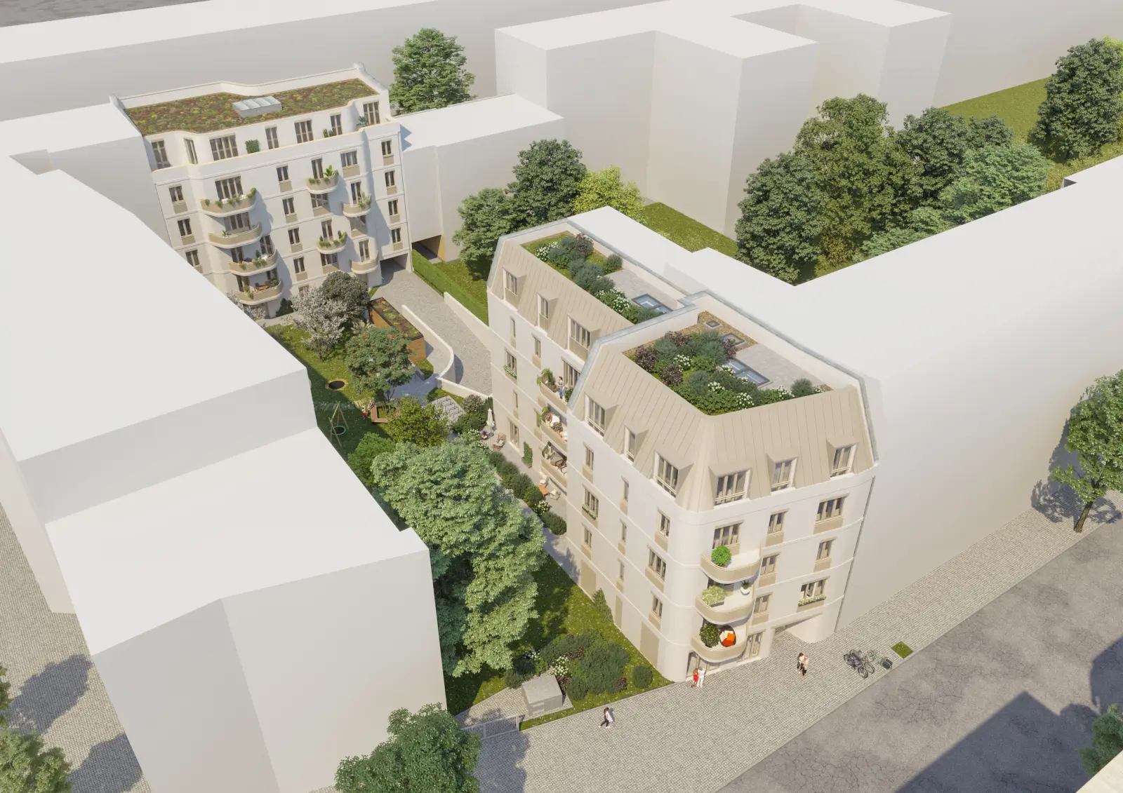 Luftaufnahme des Berliner Wohnprojekts Antonia mit zwei modernen Mehrfamilienhäusern, begrüntem Innenhof und Dachgärten. Bild mit KI erstellt.