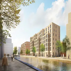 Visualisierung des Quartiers Das Neue Gartenfeld mit modernen Wohngebäuden entlang eines Kanals und großzügigen öffentlichen Freiräumen am Wasser. Bild mit KI erstellt.