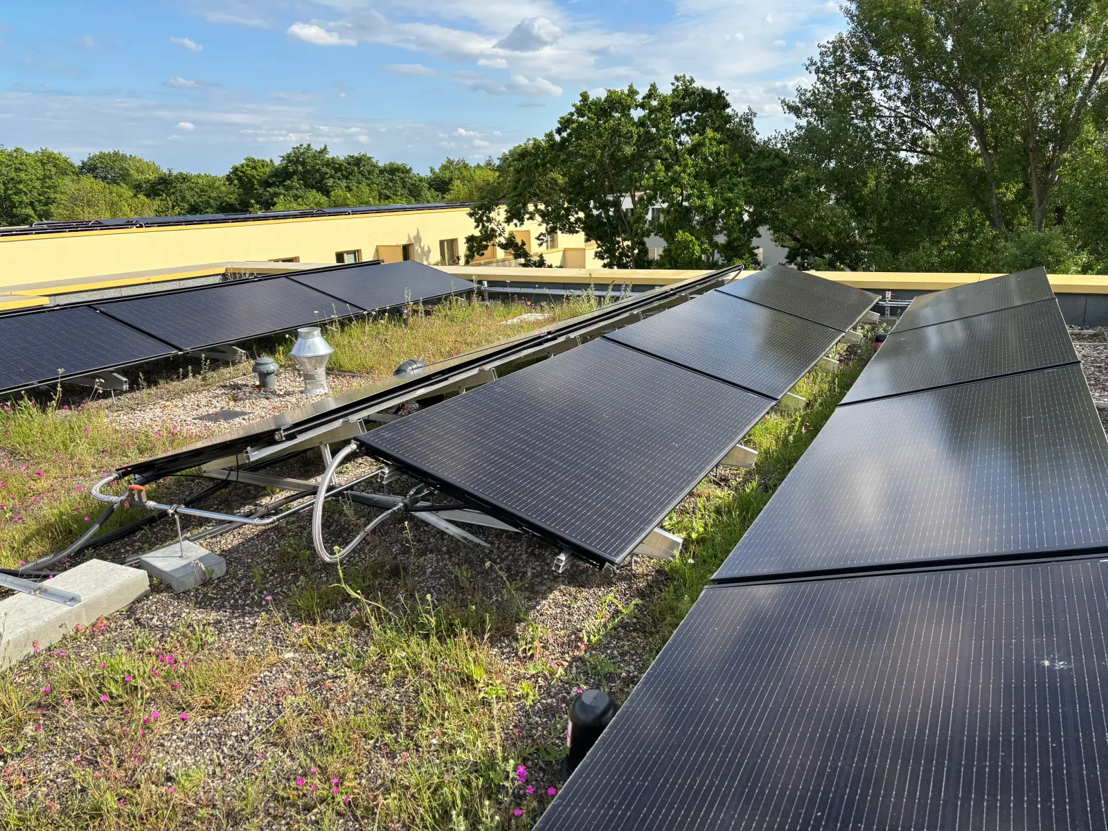PVT-Anlage auf dem Dach zur gleichzeitigen Erzeugung von Solarstrom und Wärme für das Mehrgenerationenhaus Holländergarten. Bild mit KI erstellt.