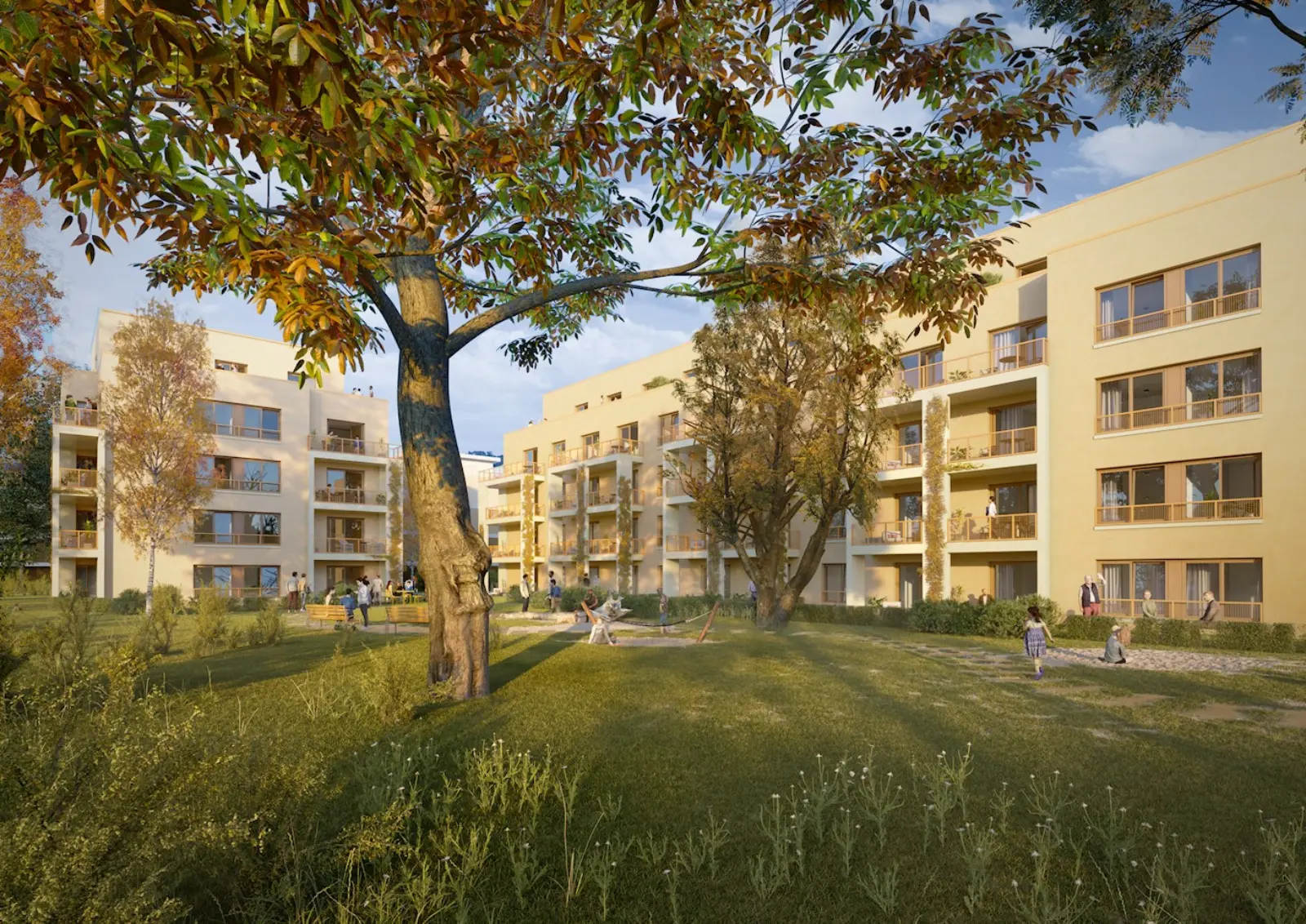 Visualisierung: Gartenansicht des Neubauprojekts Generationenhaus Holländergarten in Berlin-Reinickendorf. Bild mit KI erstellt.