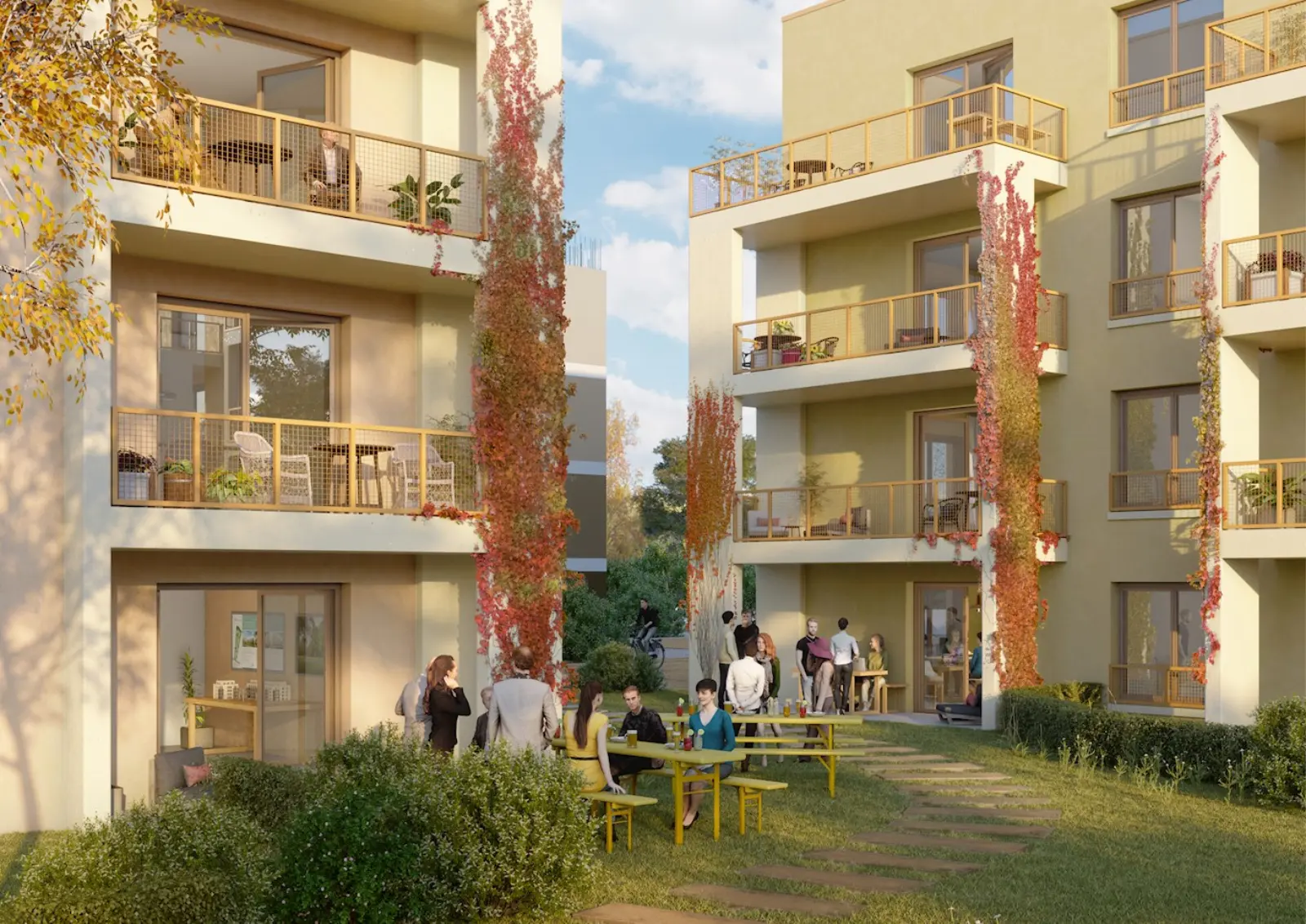 Visualisierung: Menschen sitzen auf zwei Gartenterrassen im neuen Stadtquartier Generationenhaus Holländergarten in Berlin-Reinickendorf. Bild mit KI erstellt.