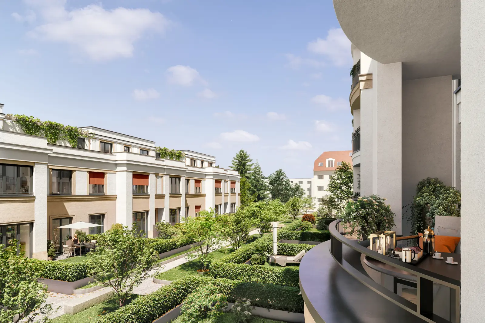 Neubauprojekt Karllotta in Berlin-Steglitz: Balkonblick vom Hinterhaus Lotta in den grünen Innenhof. Bild mit KI erstellt.