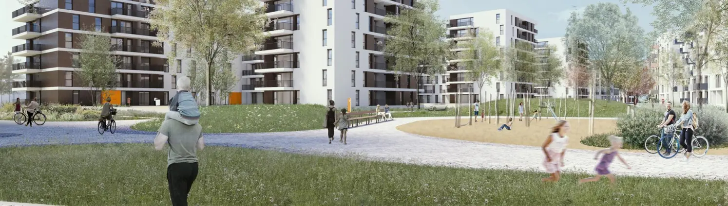 Visualisierung der Marienhöfe mit Menschen, die dort spazieren