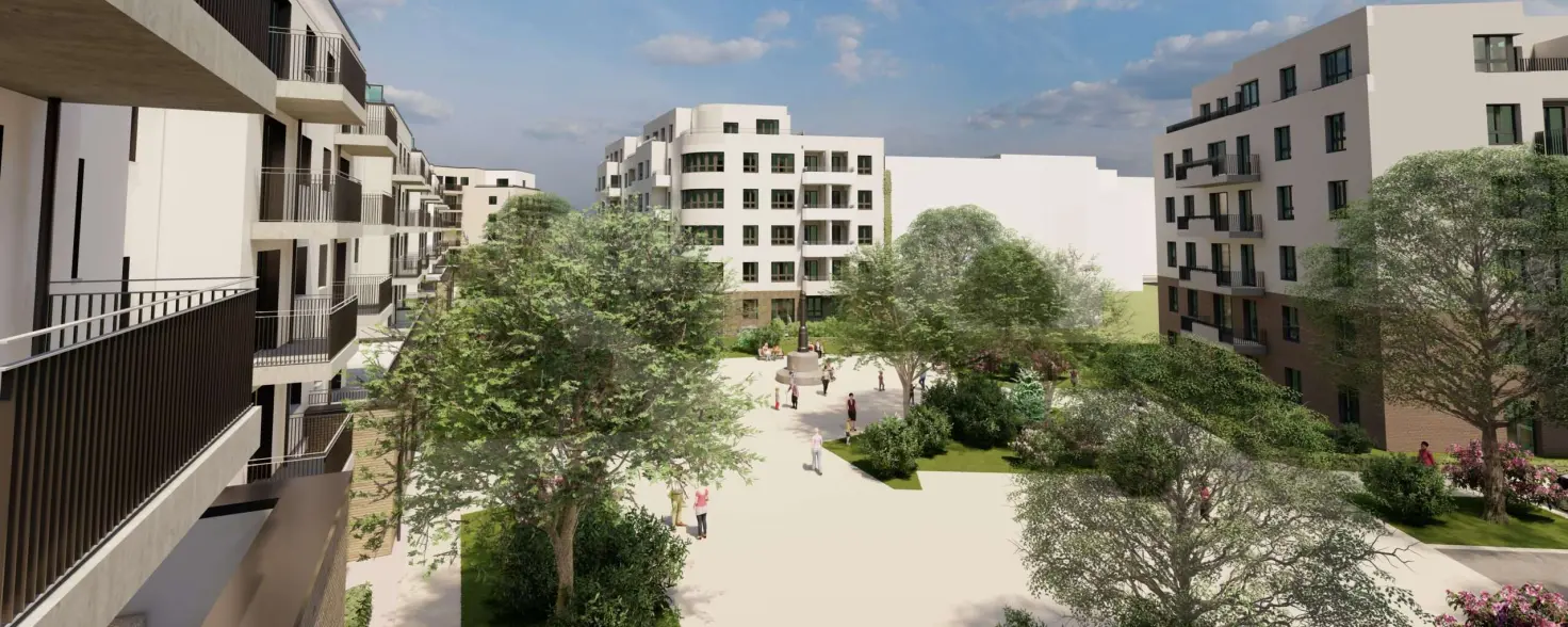 Wohnquartier Paule Panke in Berlin Pankow: Blick in den begrünten Innenhof.