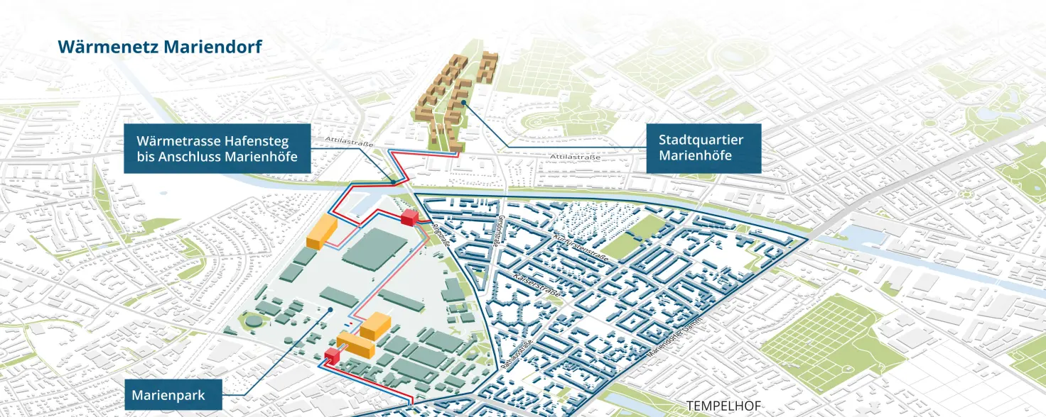 Stilisierte Überblickskarte: Verlauf Wärmenetz der GASAG Solution Plus in Berlin-Mariendorf