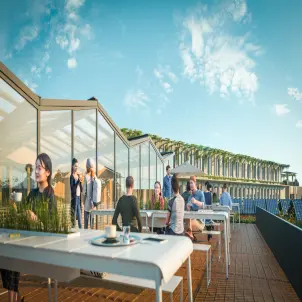 Projekt Zillecampus in Berlin-Charlottenburg: Menschen auf der Dachterrasse. Bild mit KI erstellt.